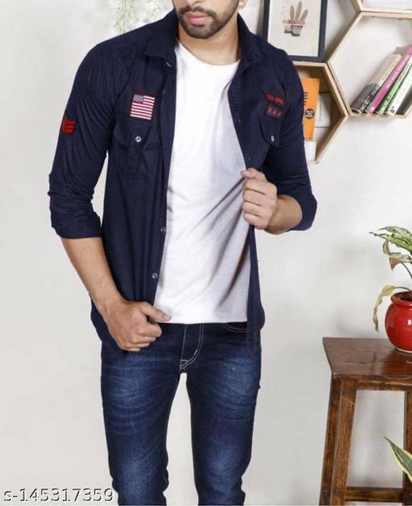 clothster Men Embroidered Casual Dark Blue Shirt Buy clothster