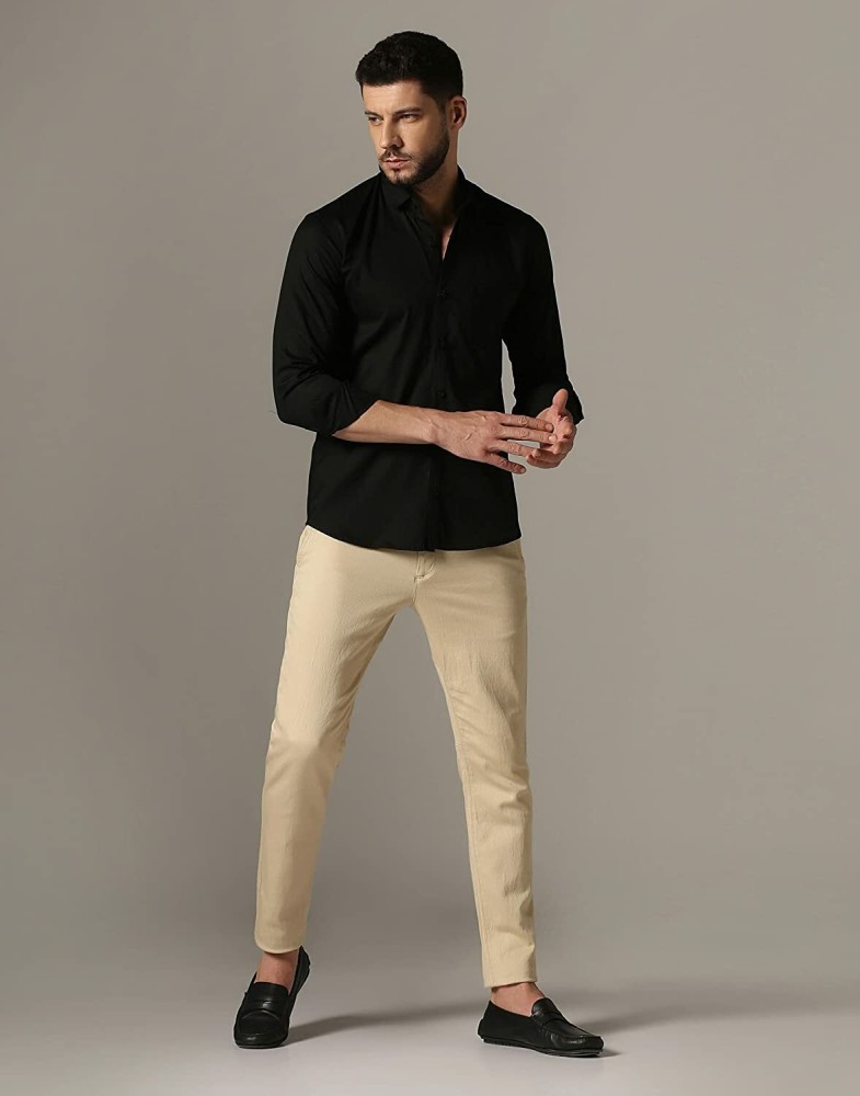 Mens Cream Cotton Checked Formal Trousers