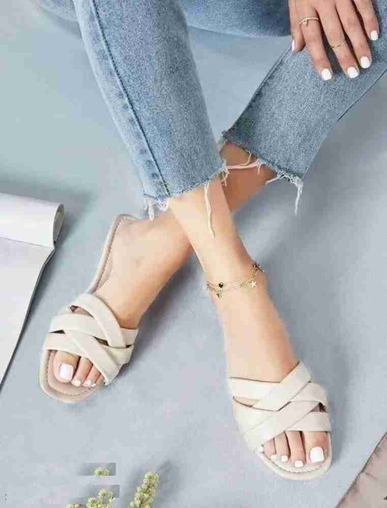 SHOMEE Trending Flat Sandals l Stylish Slipper For Women's, Girl's Outdoor  & Party Wear Women White Flats