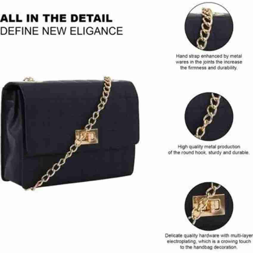 Side Sling bag Women And Girls Sling Bag Smooth Zipper Handbag Gold Metal Chain  Strap, Pu