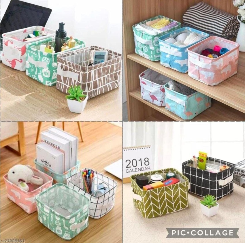 Storage Baskets Foldable Mini Square Natural Linen & Cotton Fabric Storage  Bins Simple Desk Shelf Baskets Organizers - Set Of 4 Organizer Storage Bags