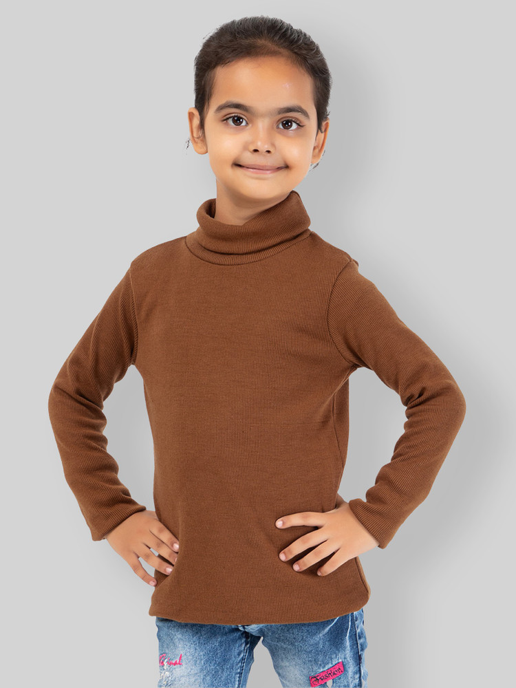 YHA Solid High Neck Casual Girls Brown Sweater Buy YHA Solid