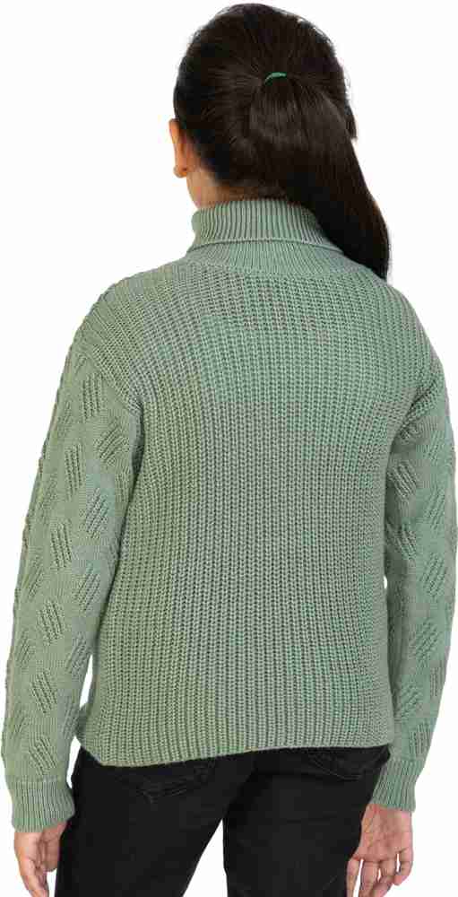 PULAKIN Self Design Round Neck Casual Girls Green Sweater - Buy