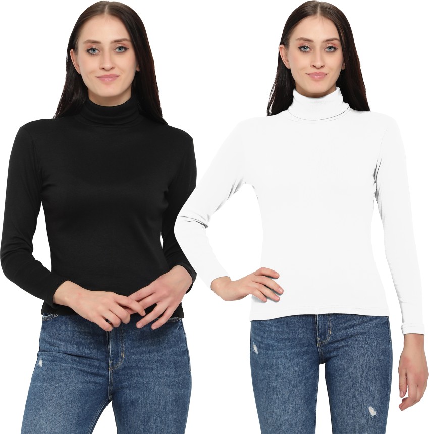 MYO Solid Women Turtle Neck Black, White T-Shirt - Buy MYO Solid Women  Turtle Neck Black, White T-Shirt Online at Best Prices in India