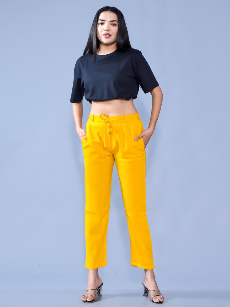 Womens Yellow Linen Solid Trousers