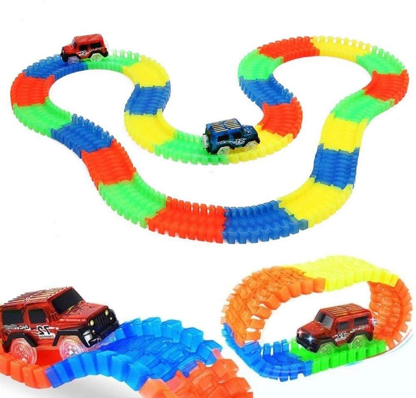 TOYOMAA 40 Pieces Mini Neon Glowing tracks with One Mini Car Toy with LED light for Kids 40 Pieces Mini Neon Glowing tracks with One Mini Car Toy with LED light