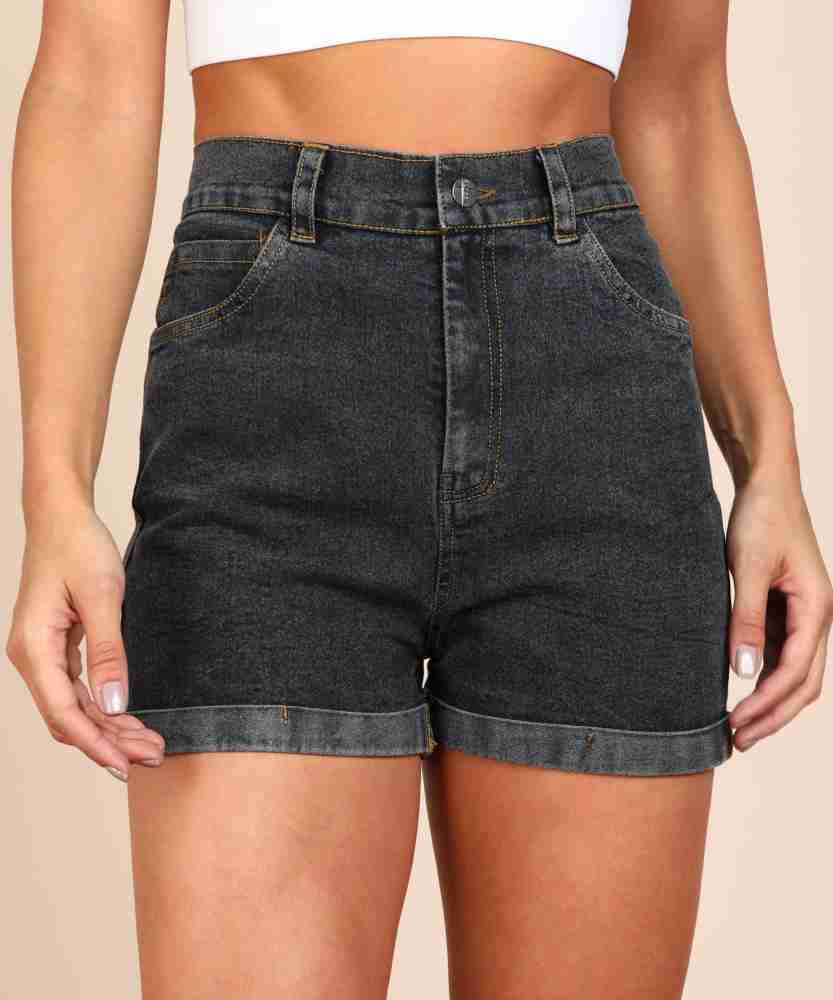 MONTREZ Solid Women Denim Black Denim Shorts - Buy MONTREZ Solid