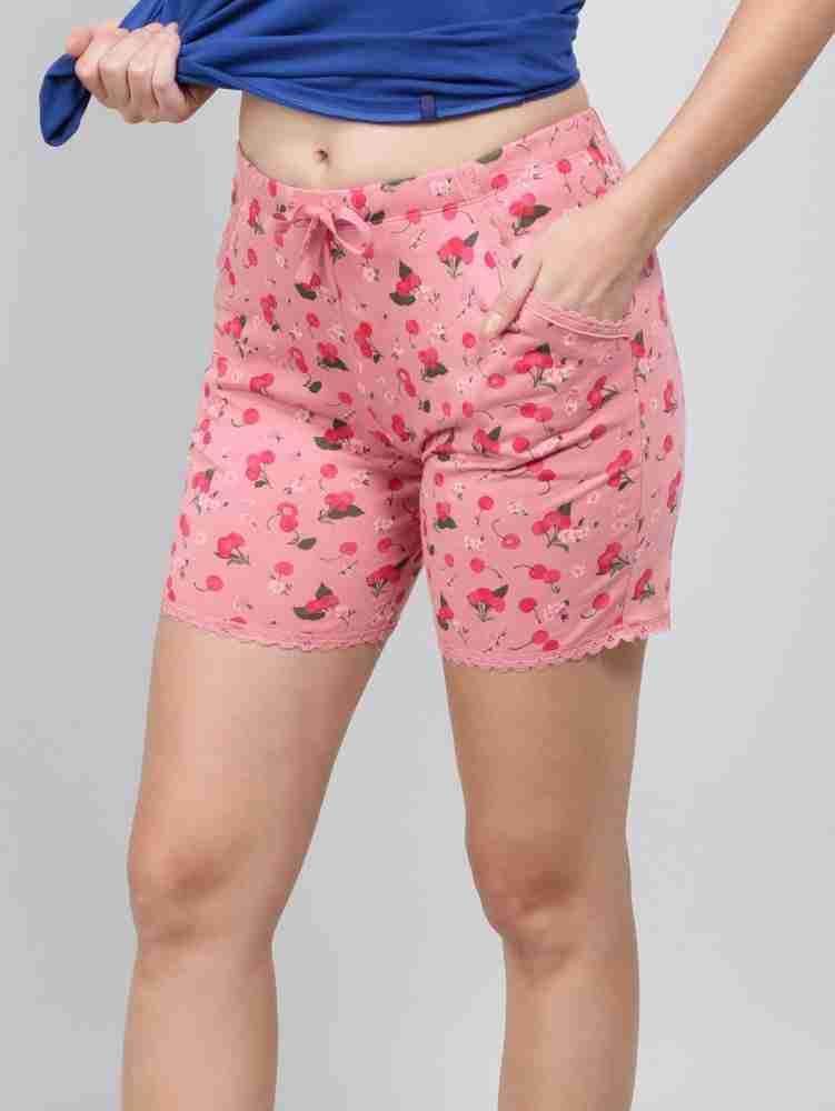 Women's Micro Modal Cotton Relaxed Fit Printed Shorts with Lace Trim Styled  Side Pockets - Wild Rose