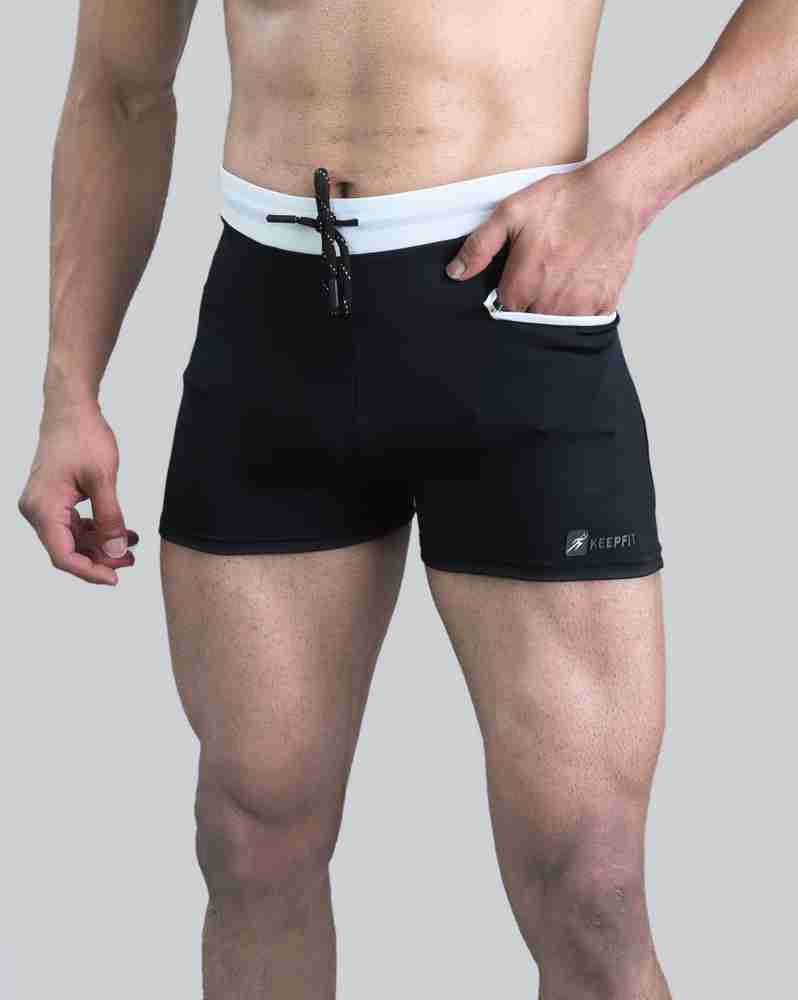 Keepfit men s black swimming trunks with contrast white waistband