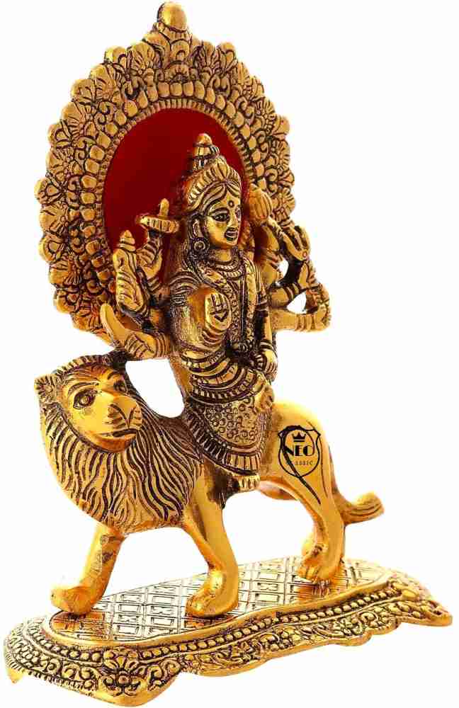 8 Armed Goddess Durga with Lion Brass Statue | 5 Inch