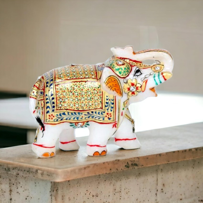 Embossed Marble Meenakari Elephant, Handicraft Home outlets Decor, Decorative Showpiece - 8 cm (Marble, White), Ethnic White Marble Corner Table