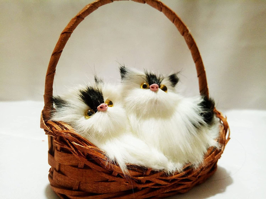 Woodkaari Wood Carver Cute Cat Doll in Basket Soft Cats for Kids