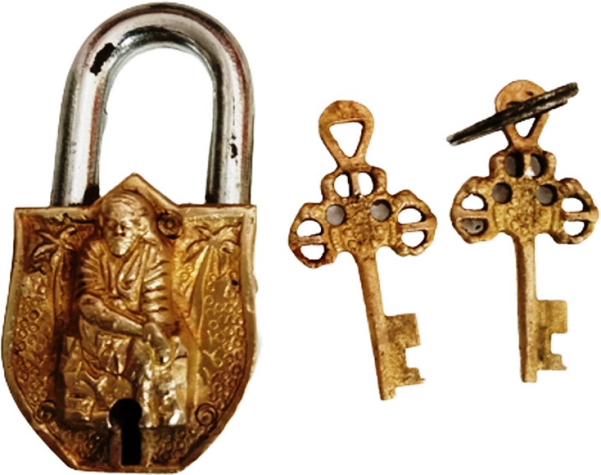 ANTIQUE Style LORD BUDDHA Type Padlock - Lock with Key - Brass