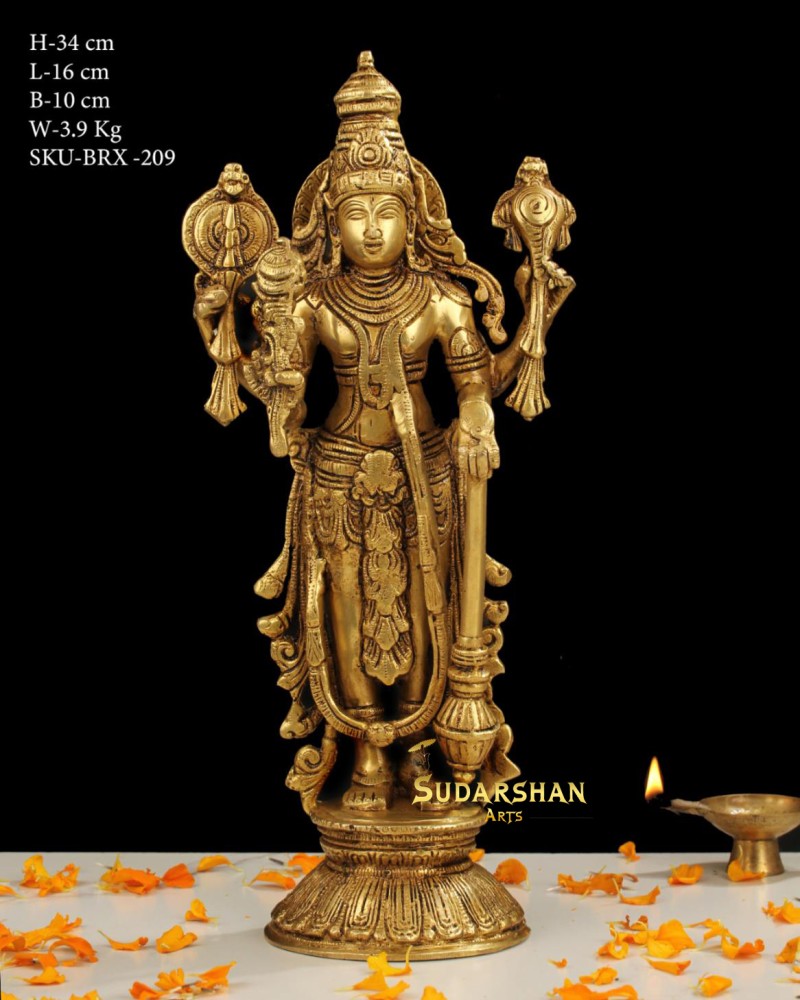 Brass Statue of Lord Vishnu . Narayan Idol, Standing Vishnu Statue . 