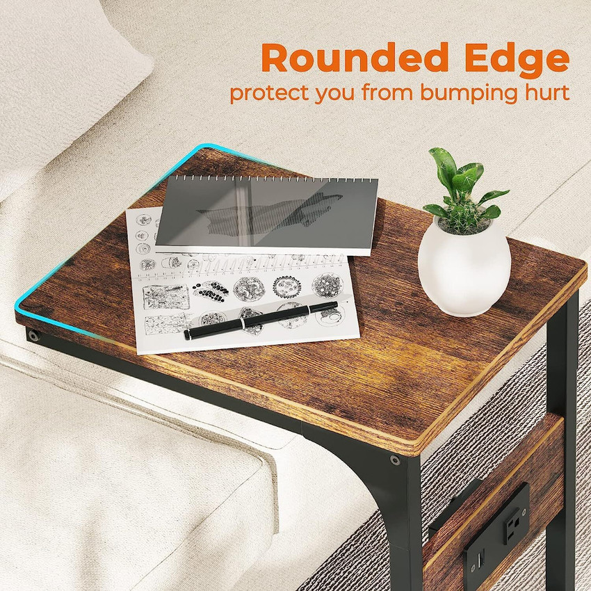 AMORINI C Shaped End Table with Charging Station Bed Side Table