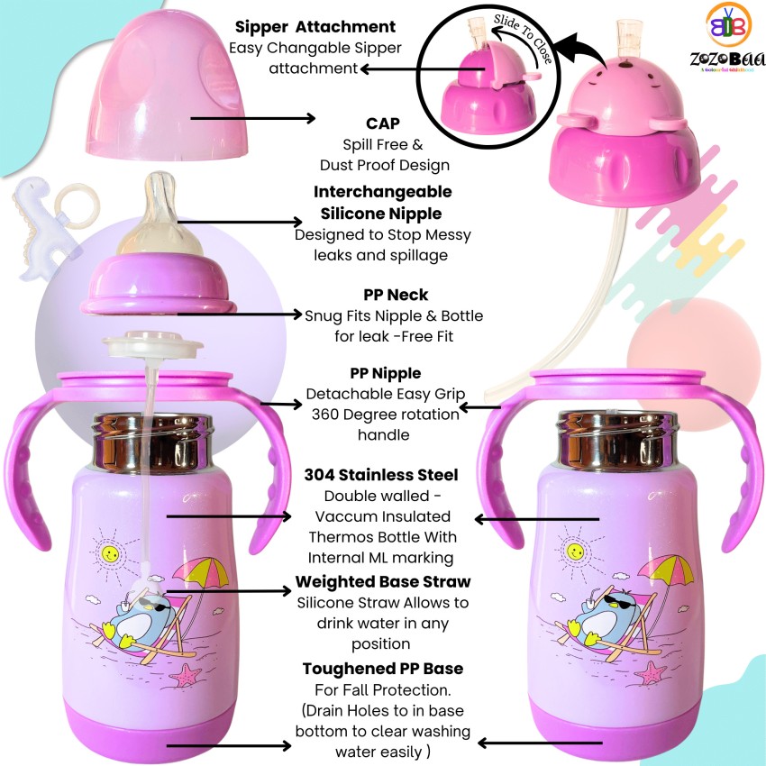 Baby Feeding Bottle 304 Stainless Steel Thermos Handle Nipple