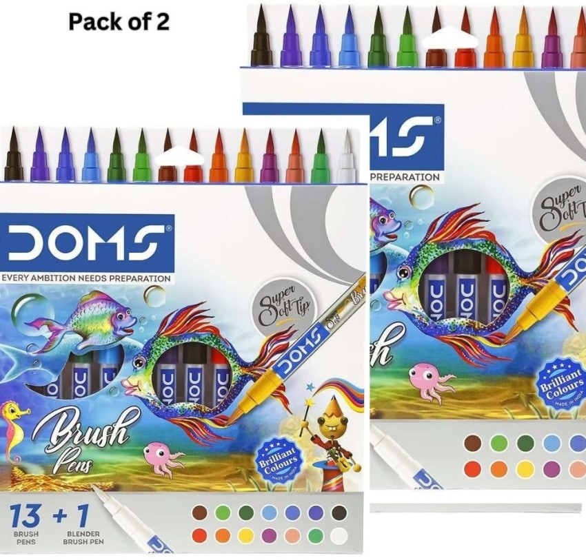 DOMS DOMS High Quality Brush Pens 14 Shades pack of 2 (13  diverse + 1 blender pen) Excellent colour laydown Nib Sketch Pens - Brush  Pens