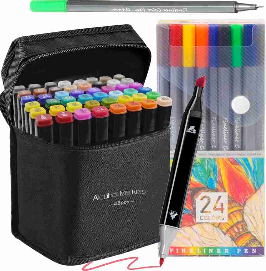 Soucolor 48 Pc Alcohol Markers Double Tipped Pen for Drawing  With 24 Pc Fineliner Pen Set Dual Tips Nib Sketch Pens - Fine & Broad