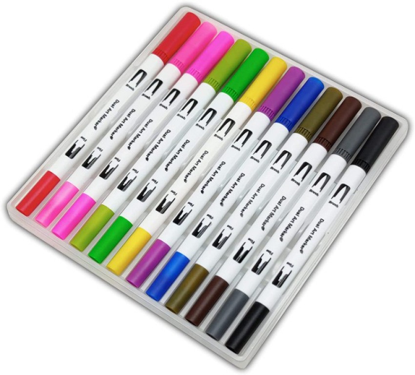 Pack of 12 Dual Tip Brush Art Marker Pens Coloring Markers Fine