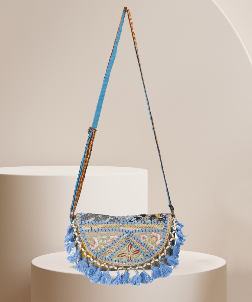 Blue cotton ethnic sling bag hotsell