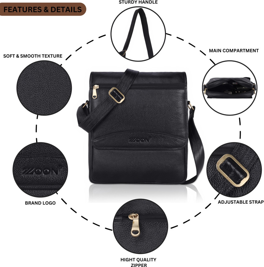 ZOON Black Messenger Bag Leather Sling Messenger Bag Side Bag For Men BLACK Price in India Flipkart