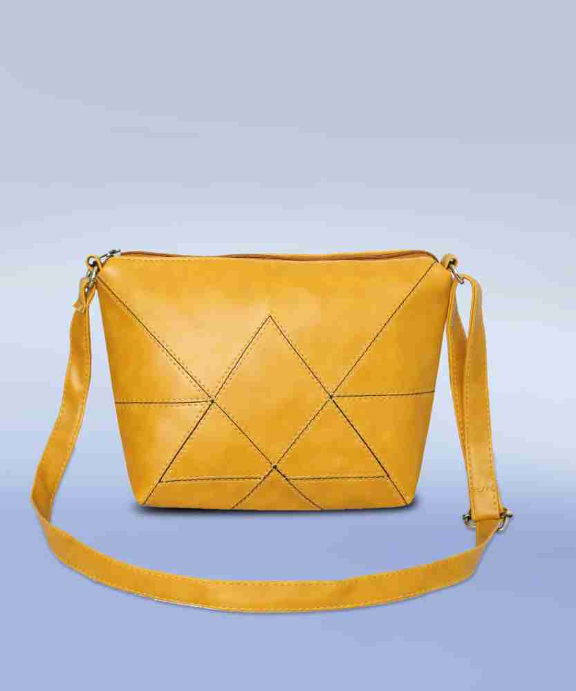 Leather-Accented Yellow Cotton Sling Bag - Fabled Land in Yellow