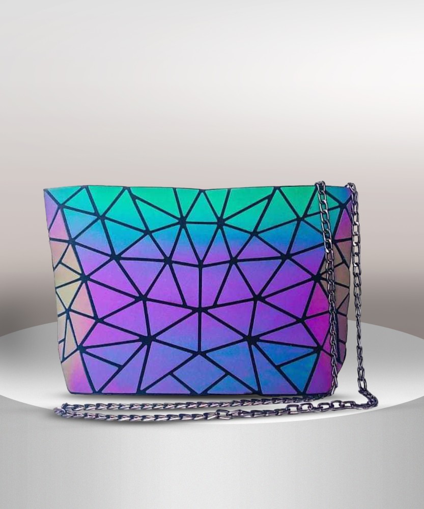 Paradiso And Company Blue Hand held Bag Synthetic Geometric Holographic Reflective Handbag Purse for Women Girl