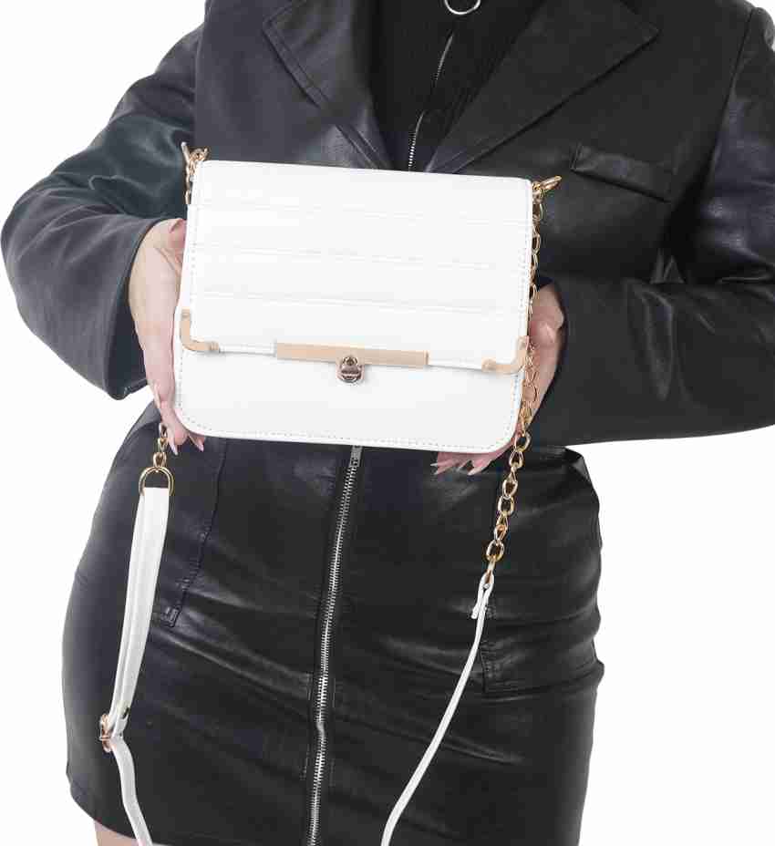 SPOTIC White Sling Bag Classic Unique Design Crossbody Gold Chain