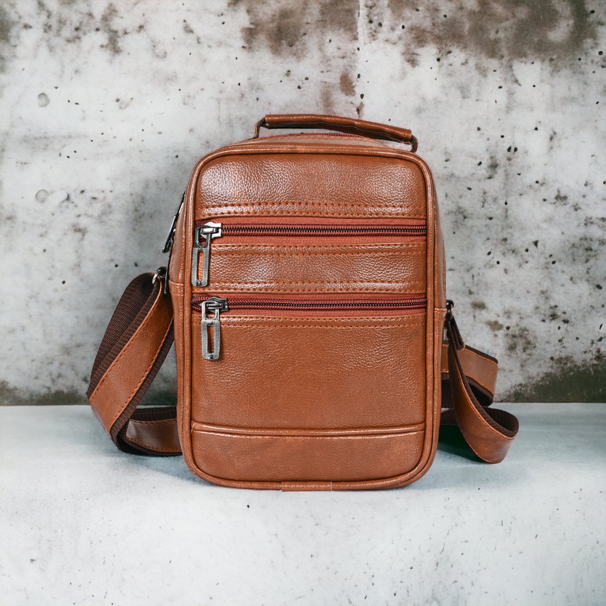 Pramadda Pure Luxury Tan Sling Bag TopGrain 10L Faux Leather Sling Bag for Men Women Glossy Leather Sling Bag for Men Travel side bags for boys