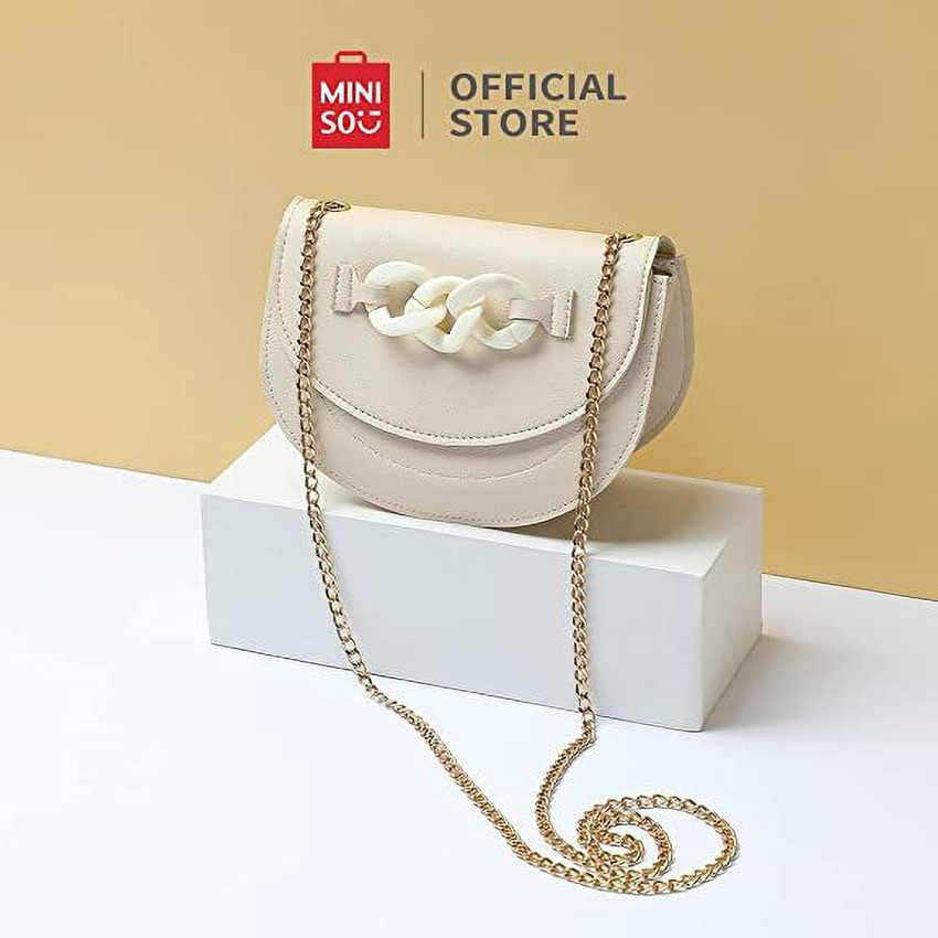 MINISO Beige Sling Bag Small Size Half Moon Solid Color Flap