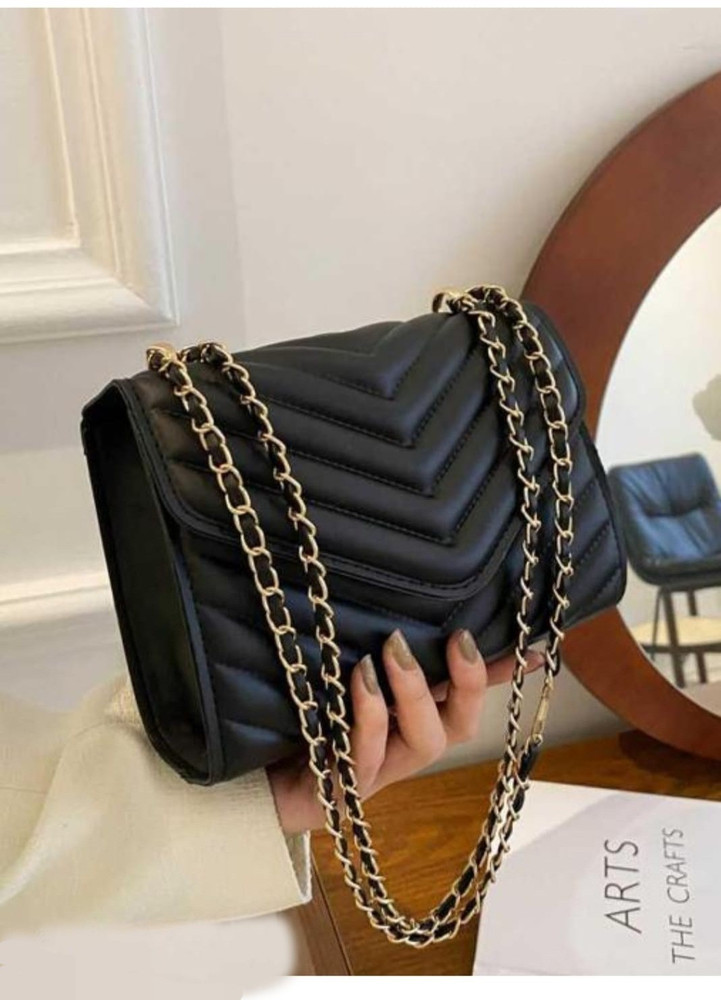 Beauty Queen Black Sling Bag Synthetic Leather Top Handle Chain