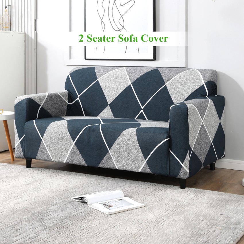 Grey Geometric Polyester 4 Seater Sofa Cover by HOKIPO