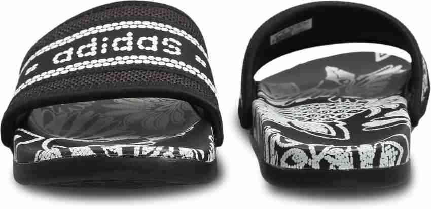 Black and white adidas slides hot sale