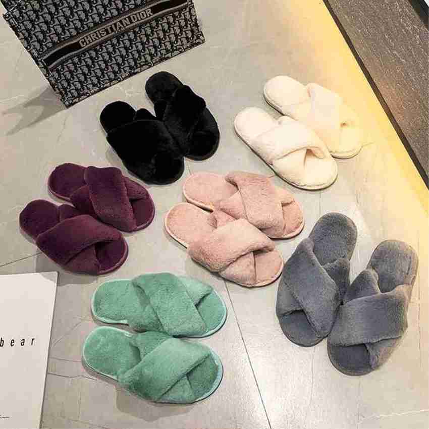 Cross strap fur slippers hot sale