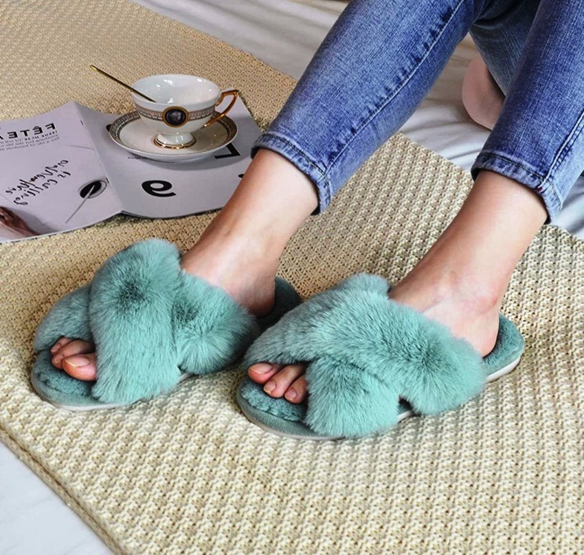 Highever Women'S Trendy Cross Fuzzy Non-slip Plush Faux Fur House | Indoor Slippers