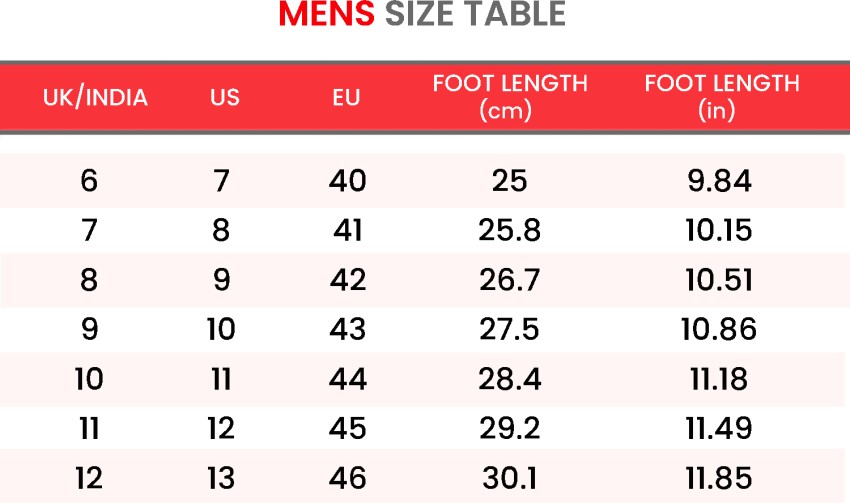 Men's shoe size chart on sale cm