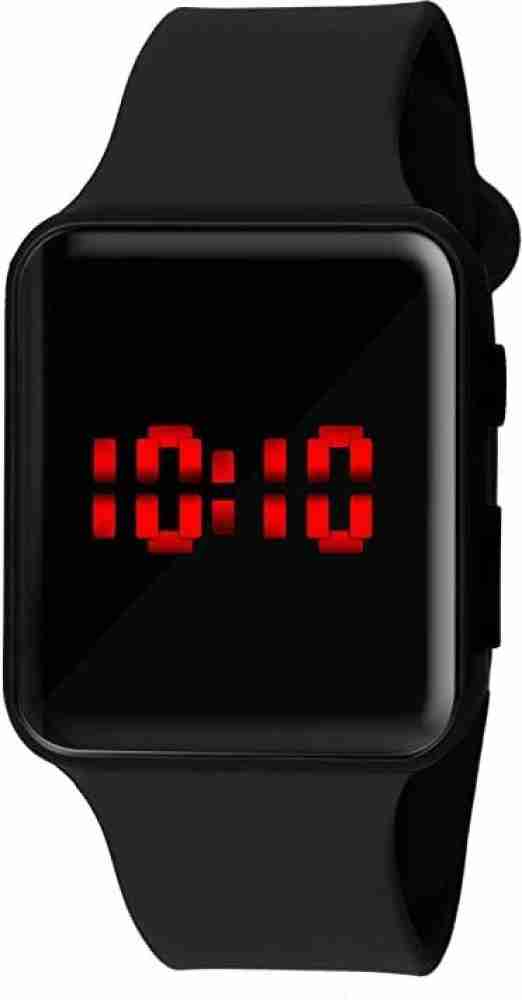 Led watch date red digital rectangle dial rubber shop band