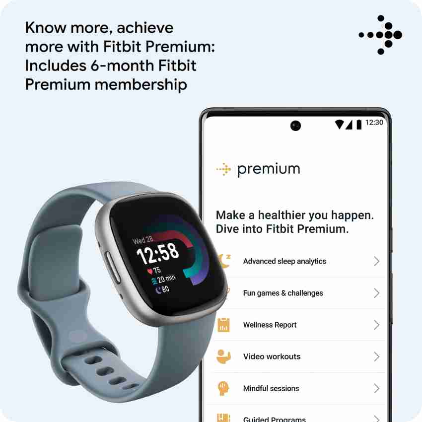 Fitbit Versa 4 Fitness Watch (Waterfall Blue/Platinum Aluminium) with  6-Month Premium Membership : : Sports, Fitness & Outdoors