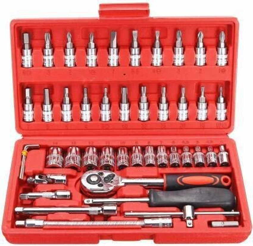 A P Super Store High Quality 46pcs 1 4 Inch Socket Set Tool Ratchet Torque Wrench Combo Tools Kit Car Repair Box for Bike Spanner Motorcycle Force Car Repair Tool Kit Car Repair Tools