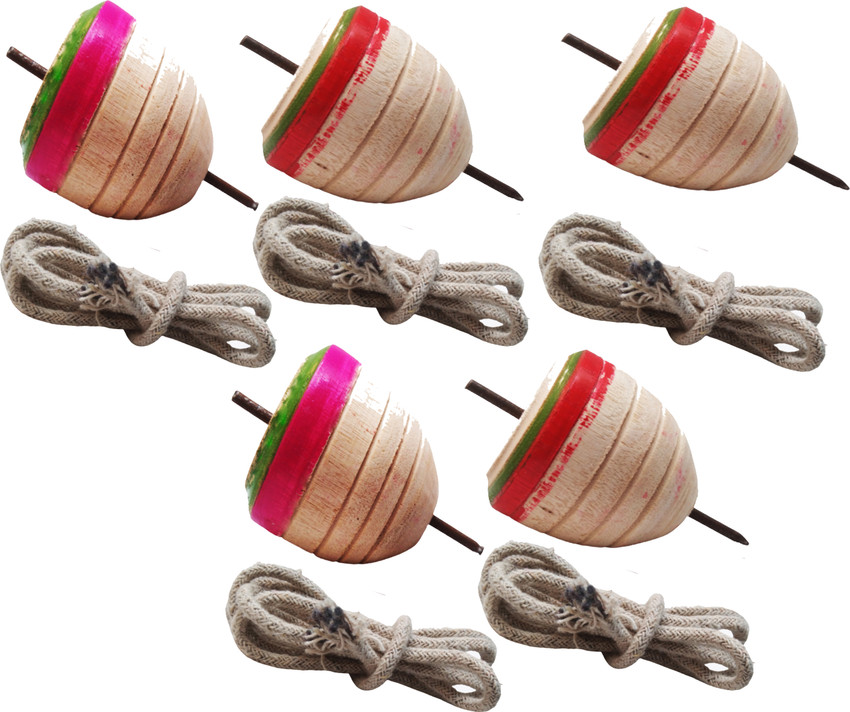 Ds Company 5 Pcs Wooden Lattu Spinner Toy OR Wooden Round Spinning