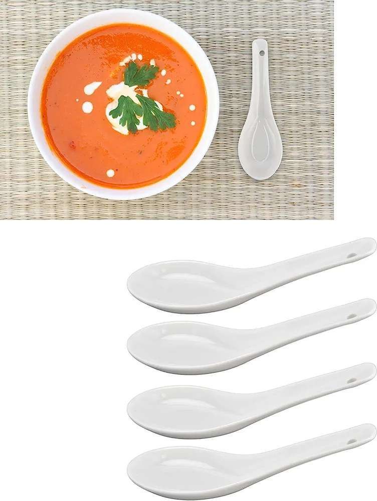 White Ceramic Chinese Soup Spoons / Asian Wonton Soup Spoons (12/Pack)