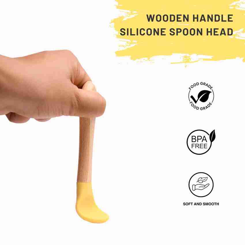 1pc Silicone Baby Feeding Spoon With Wooden Handle