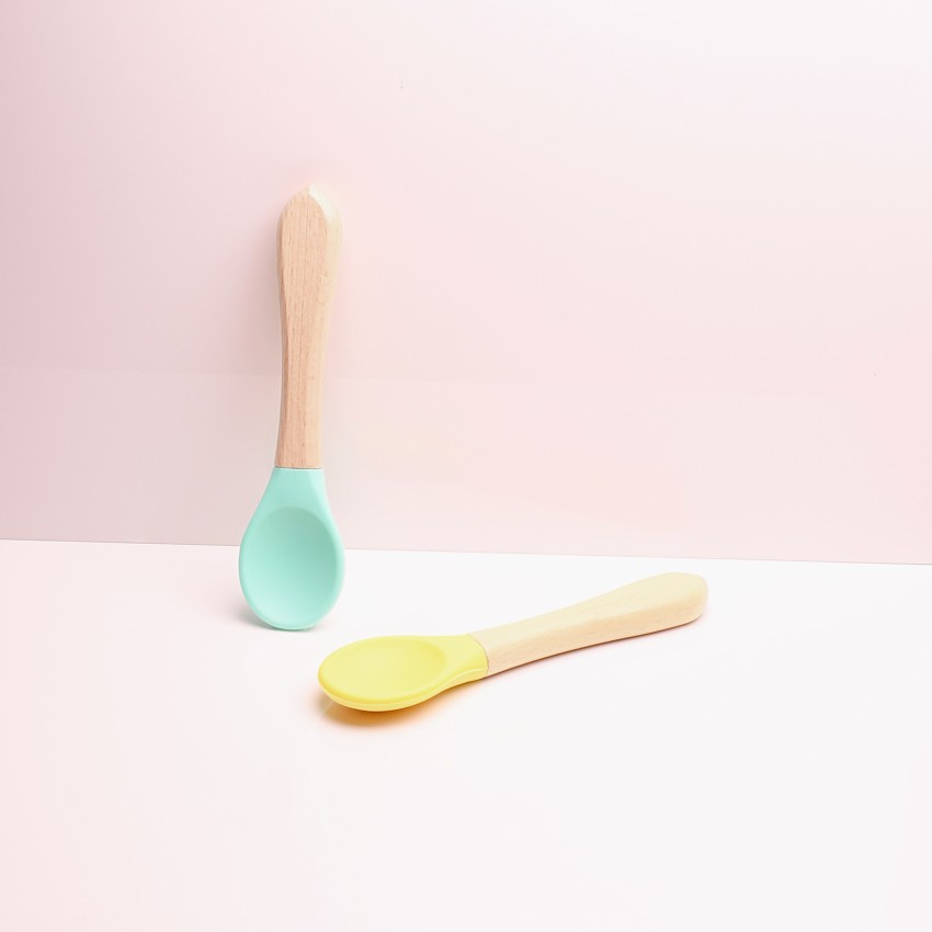 1pc Silicone Baby Feeding Spoon With Wooden Handle