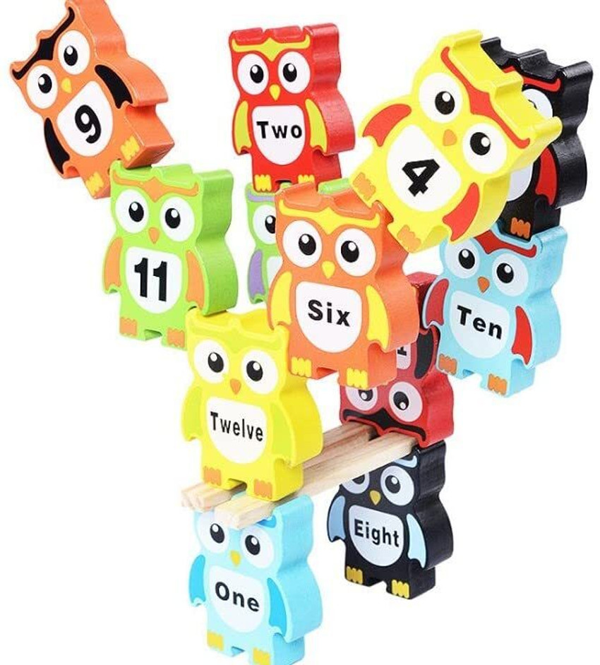 KUNYA 12 Pieces Set Wooden Owl Balance Stacking for Kids