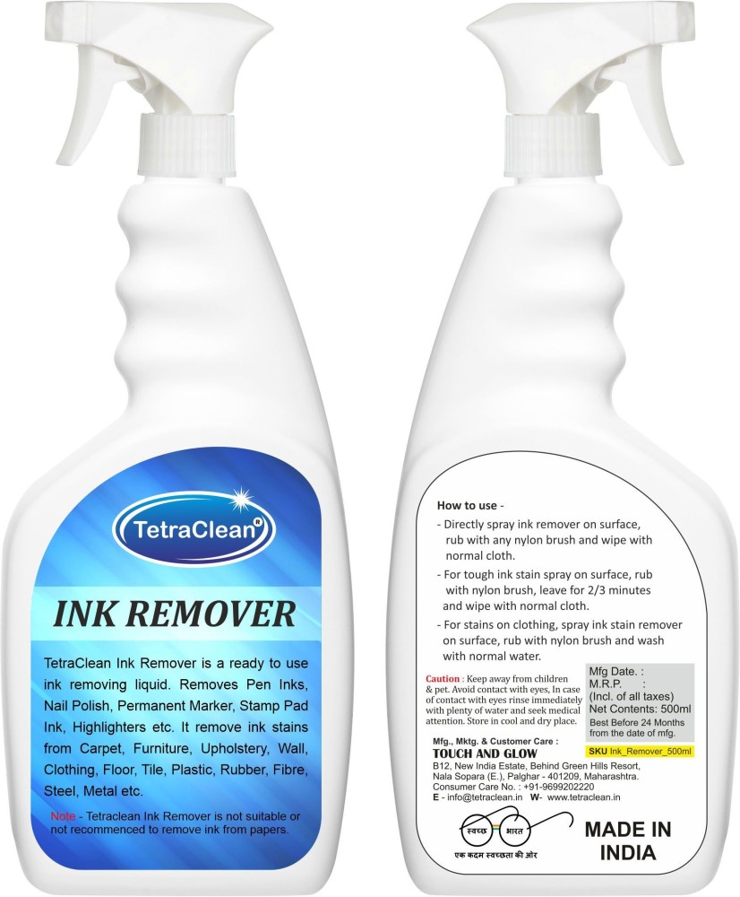 TetraClean Pen Ink Remover/Ink Stain Remover/Ink Remover Liquid/Marker Stain  Remover - To Remove Stain from Carpet, Upholstry, Clothing, Wall, Plastic  and more in Spray Bottle 500ml Stain Remover Price in India 
