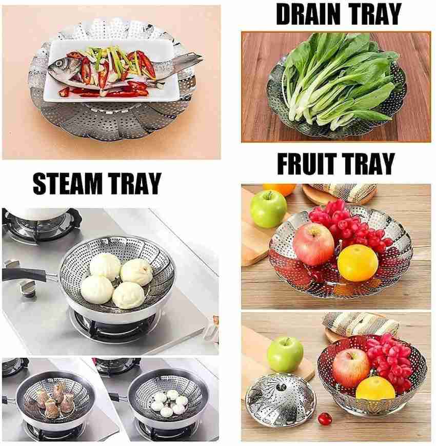 Stainless Steel Steamer Basket Metal Steamer Insert Steaming Rack Vegetables Fruit Colander Strainer with Handle, Silver