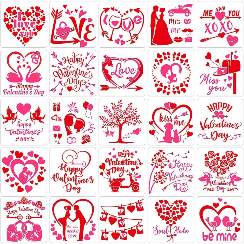 25 Pieces Valentine's Day Stencils Reusable Valentine Painting Templates  Plastic Heart Couple Album Drawing Stencils for Valentine's Day DIY Craft