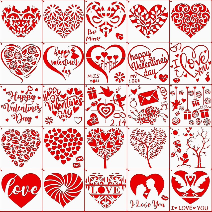 IVANA'S 25 Pieces Valentine's Day Stencils Love Tree Heart Leaf Templates  Reusable Mylar Stencil Template Rose Envelope Stencils with Metal Open Ring  for DIY Painting o n Wood Wall Canvas Home Decor