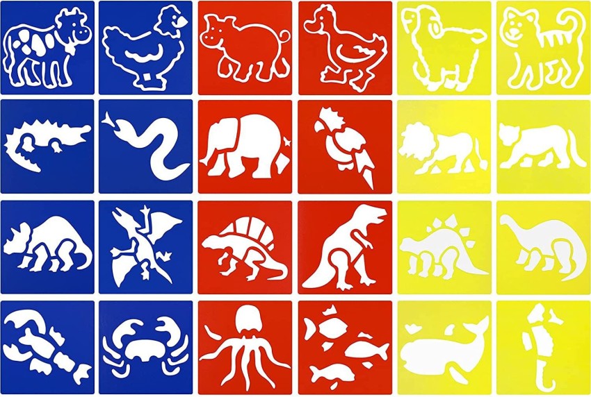 THE LABWORLD Drawing Stencil Stencils Set for Kids Craft Big Size of 12 pcs  Plastic Colorful Animals Cars Shape Tree etc Drawing Stencil Set learning  kit for Kids Craft Big Size of