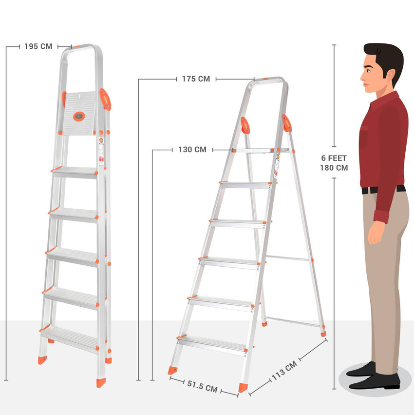 Bathla Advance 6 Step Foldable Ladder for Home with Sure Hinge Technology Orange Aluminium Ladder